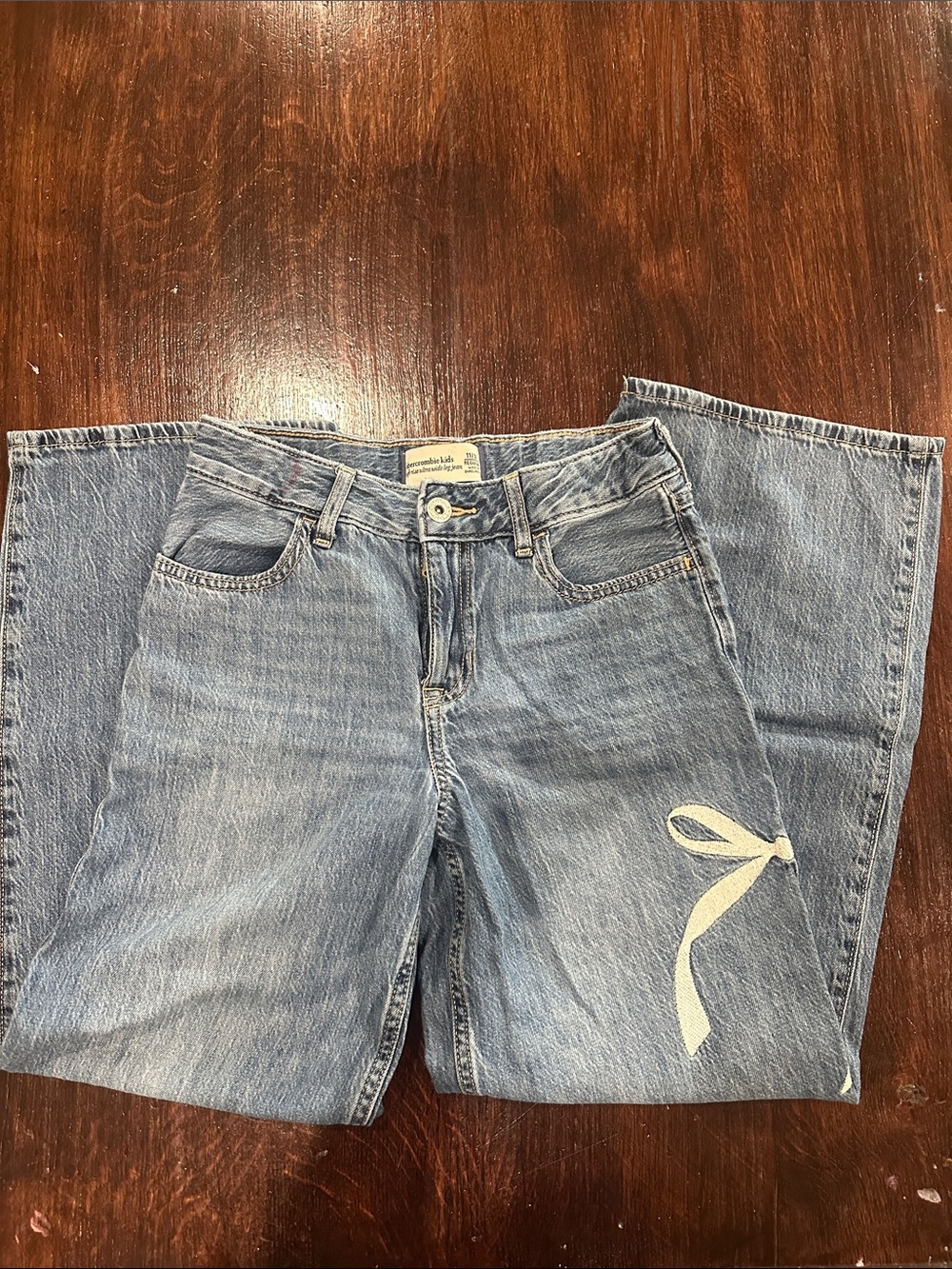 Abercrombie kids - Girls  Blue high rise ultra wide-Leg Jeans with Ribbon Accen